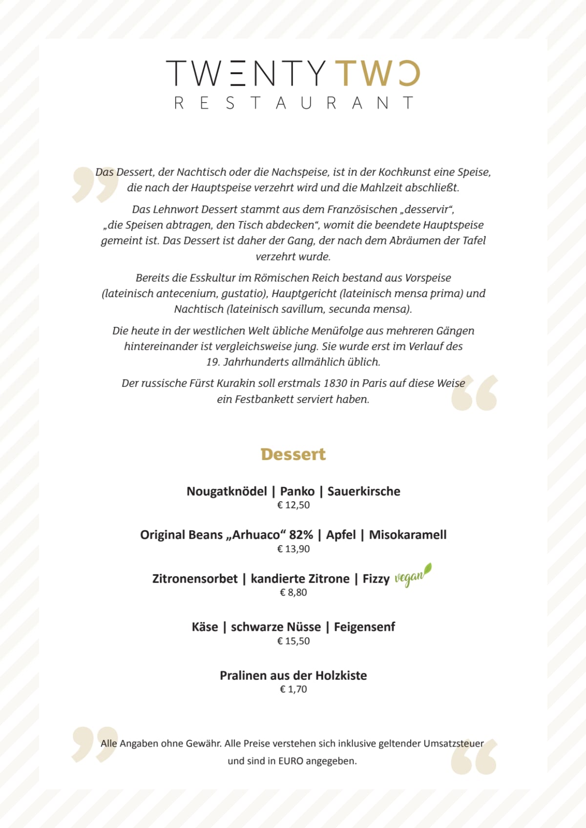 Twenty Two Speisekarte | TWENTY TWO RESTAURANT, Wien – AJZBFG