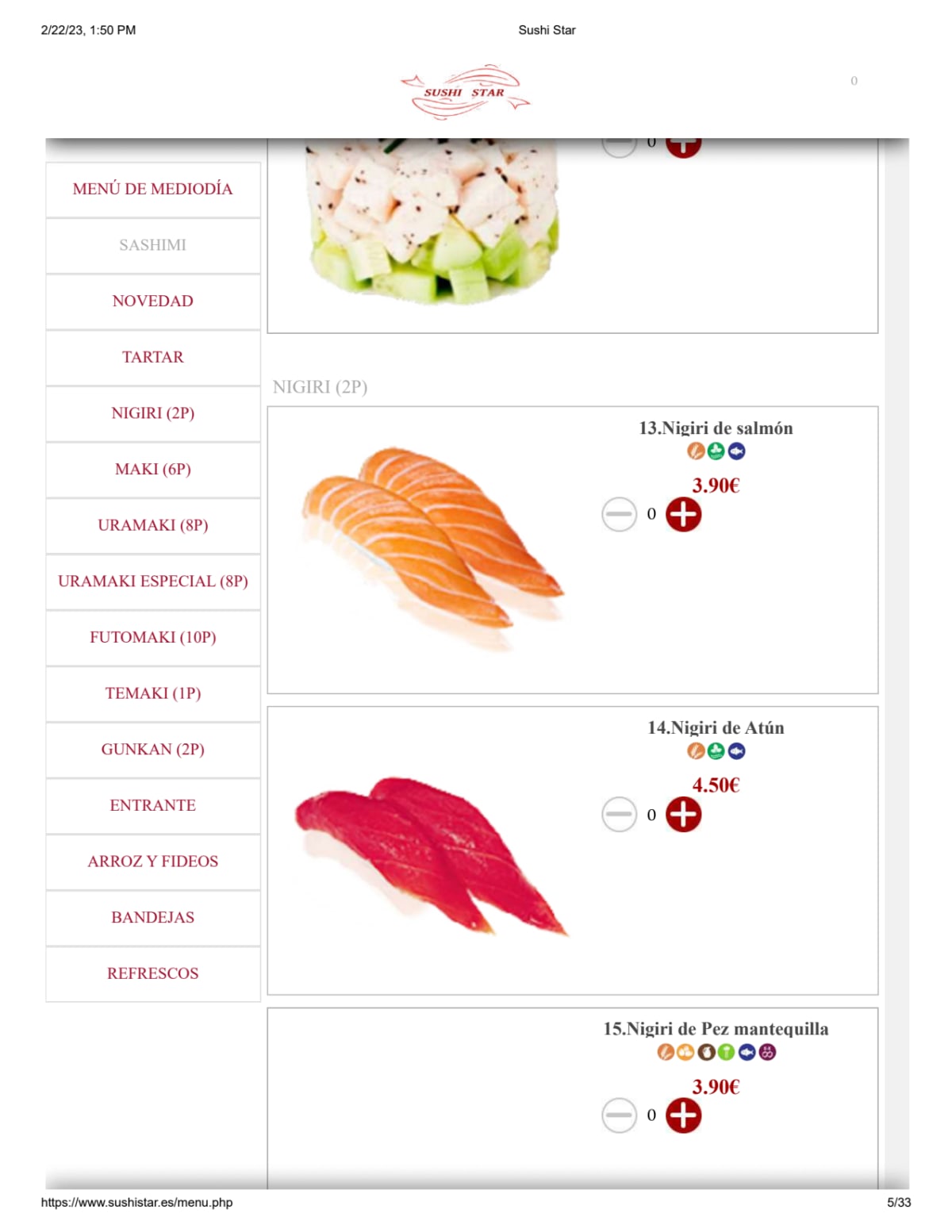 Menù completo e carta 2024 SUSHI STAR a Madrid TheFork