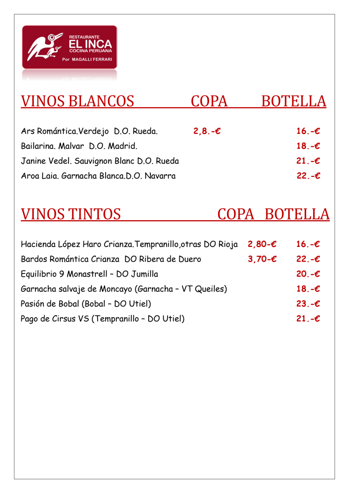 El Inca menu