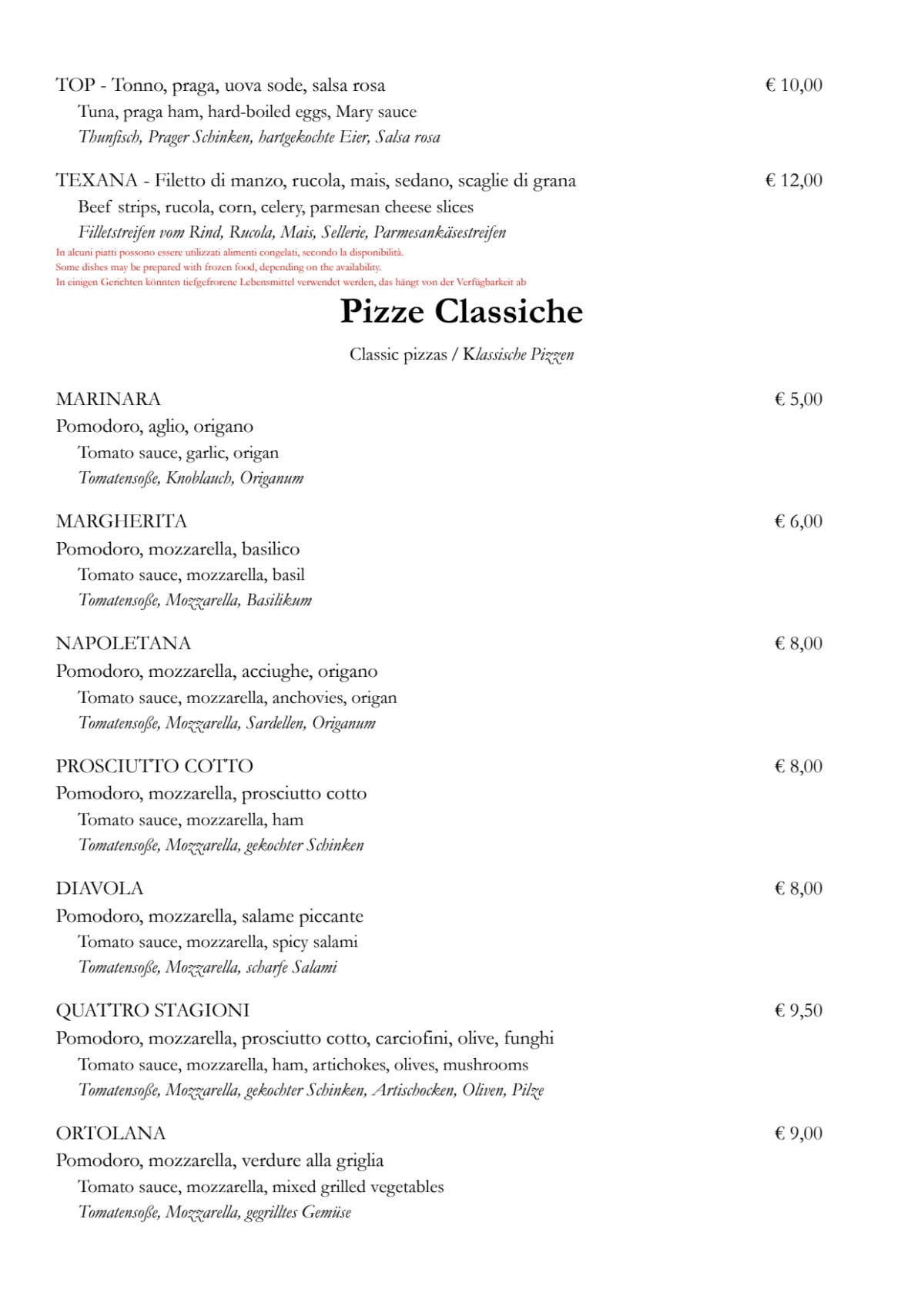 One Way della Speranza menu