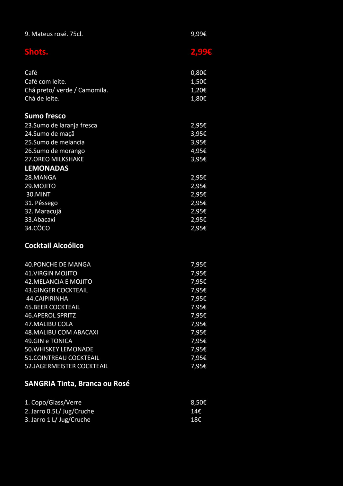 La Rosa Pizzaria menu