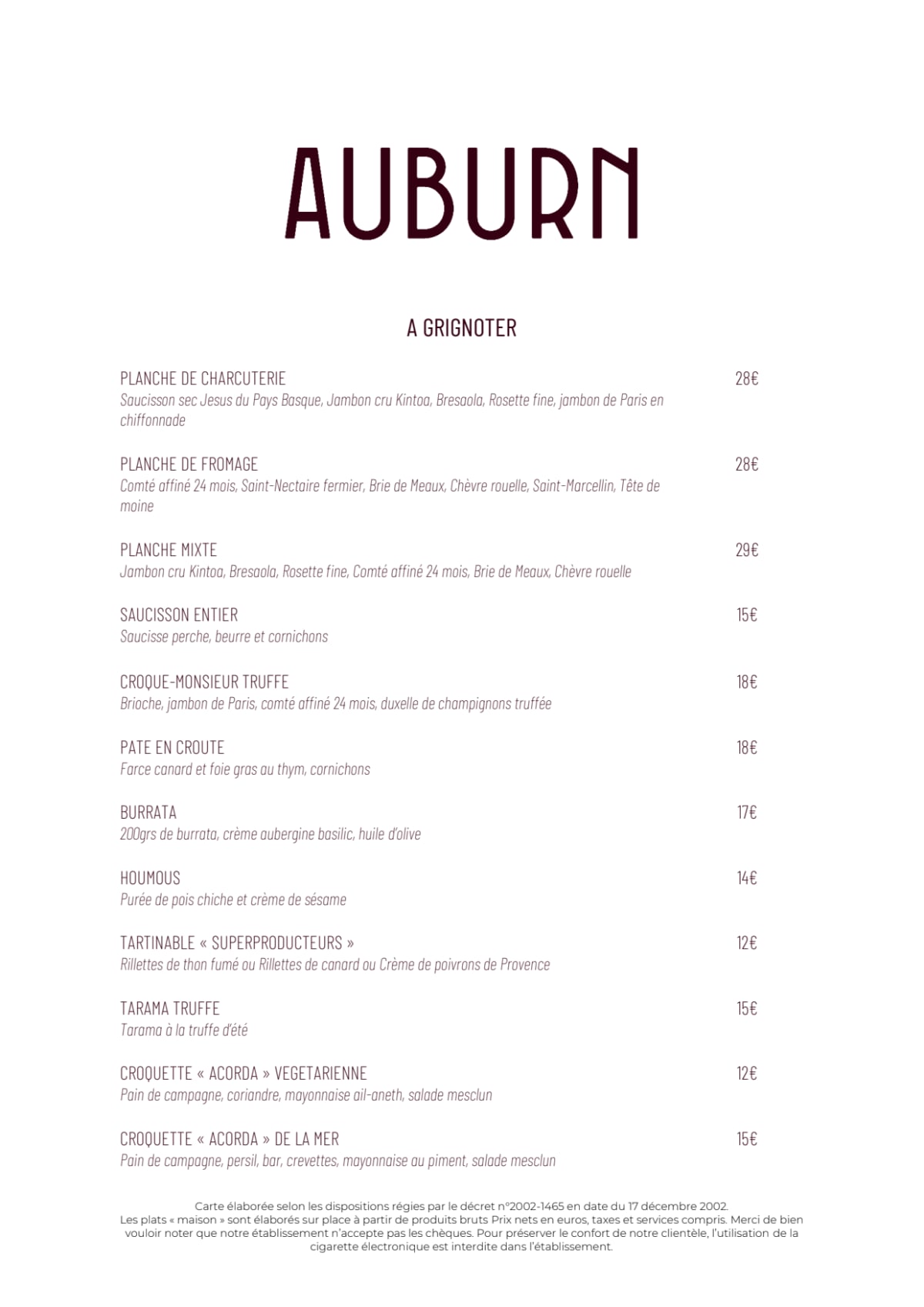 Auburn menu