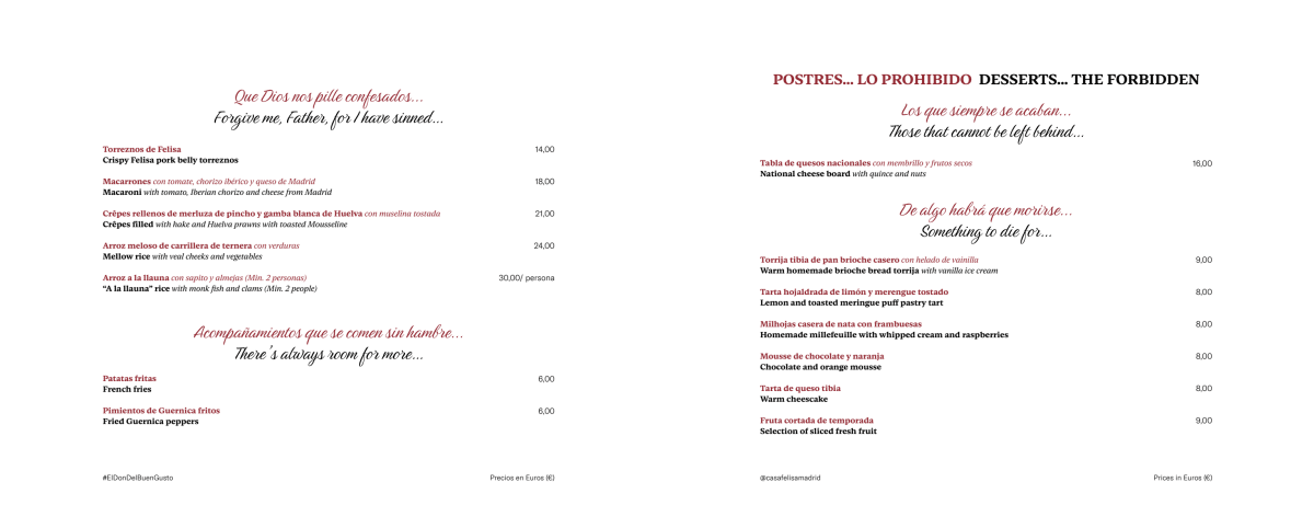 Casa Felisa menu