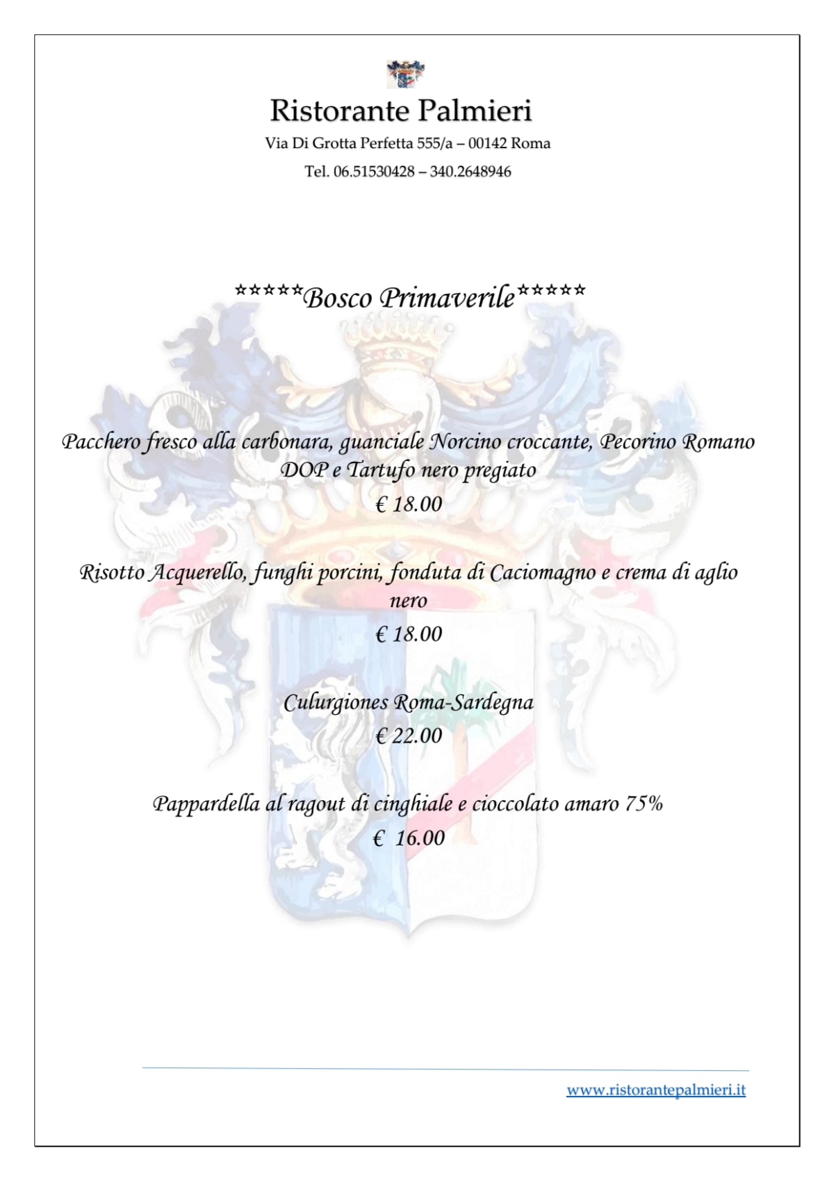 Ristorante Palmieri menu