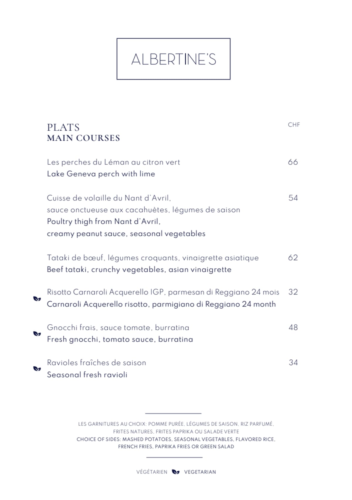 Albertine's - Beau-Rivage Genève menu