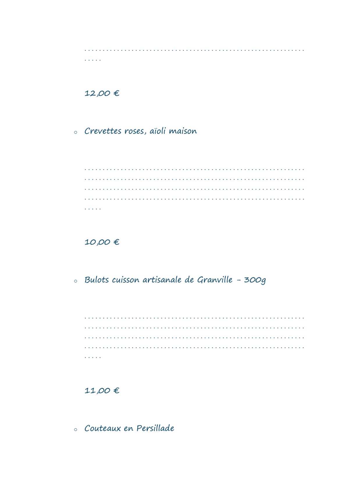 Quilles & Coquilles menu