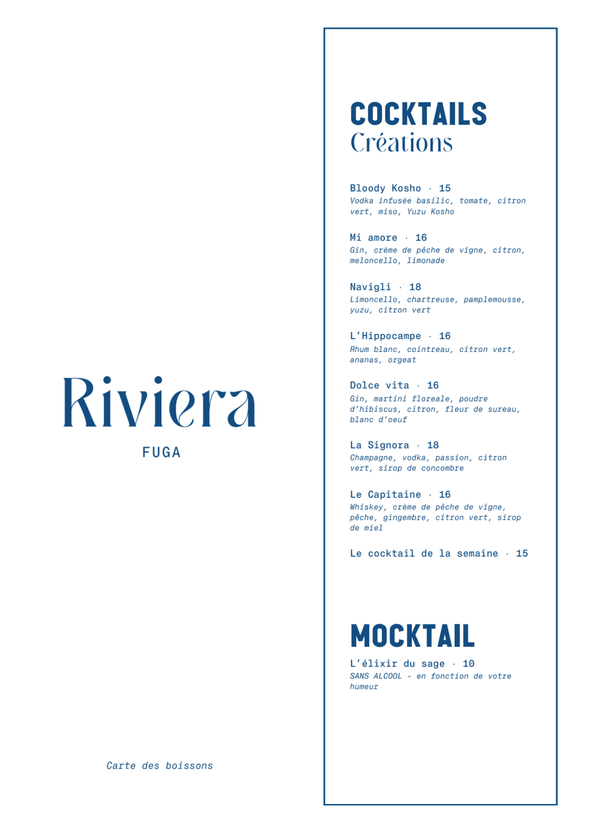 Riviera Fuga menu