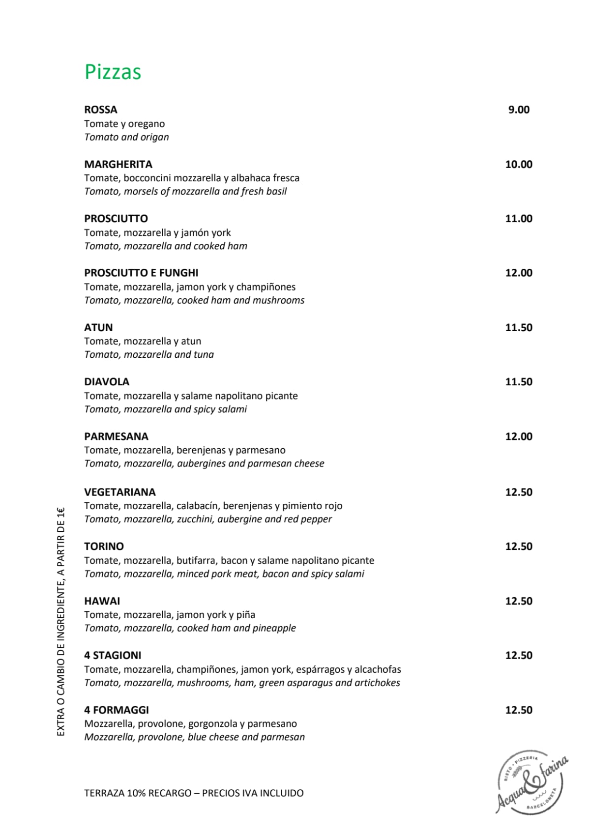 Acqua&Farina menu