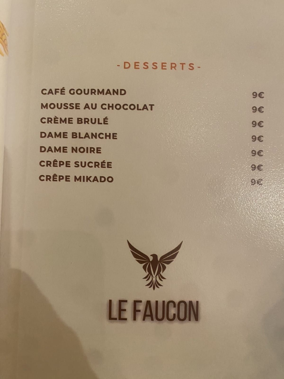Le Faucon menu
