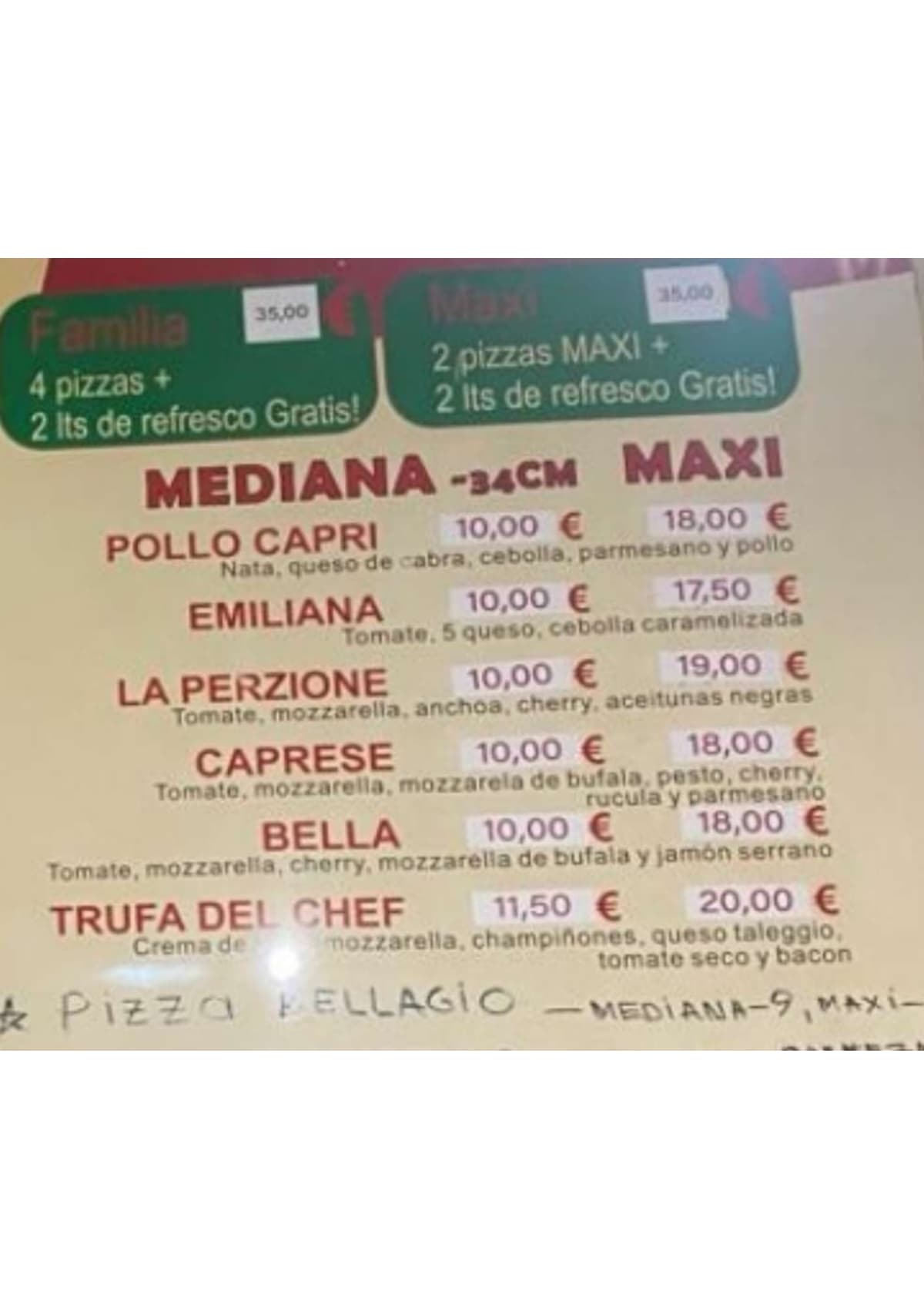 Pizzeria Bellagio menu