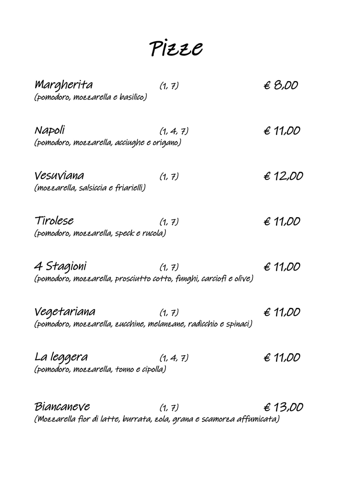 Caffè degli Artisti menu