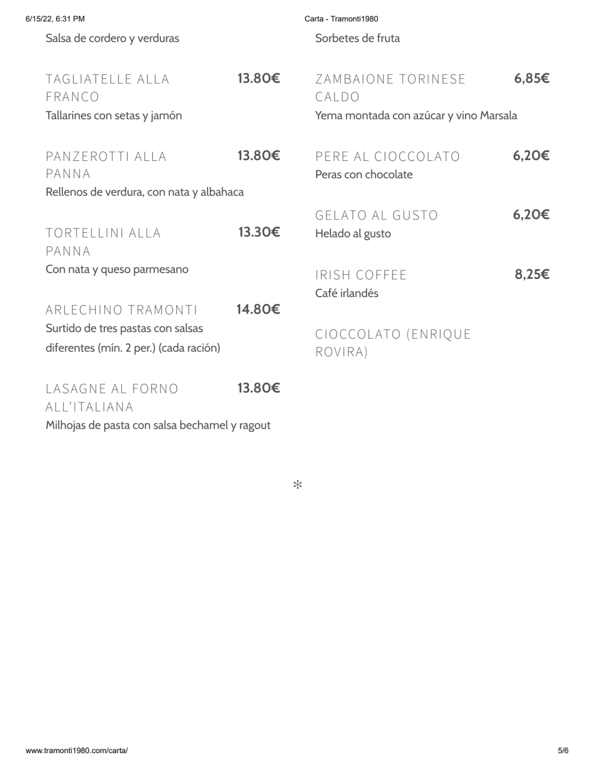 Tramonti 1980 menu