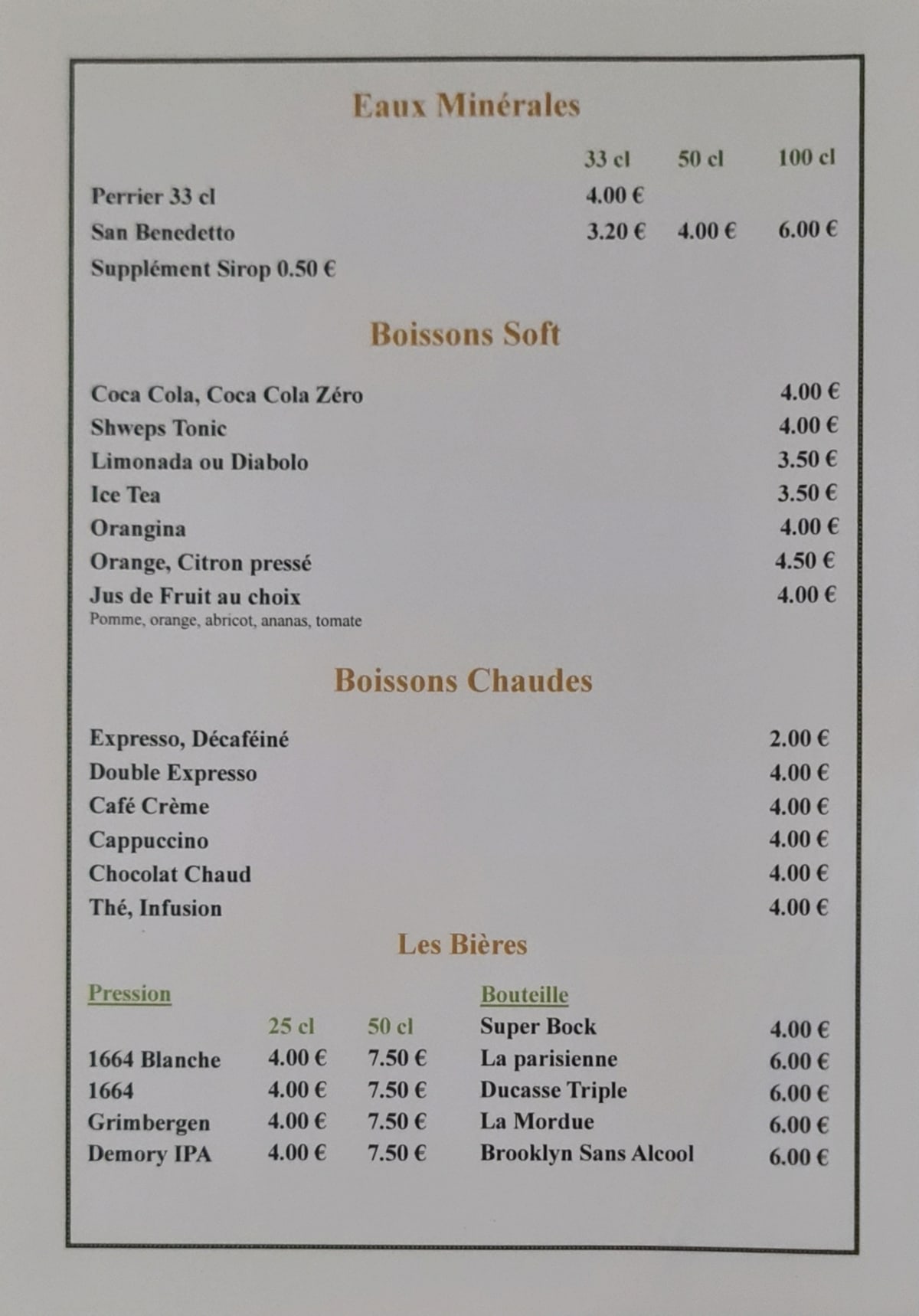 La maison des Laitières menu