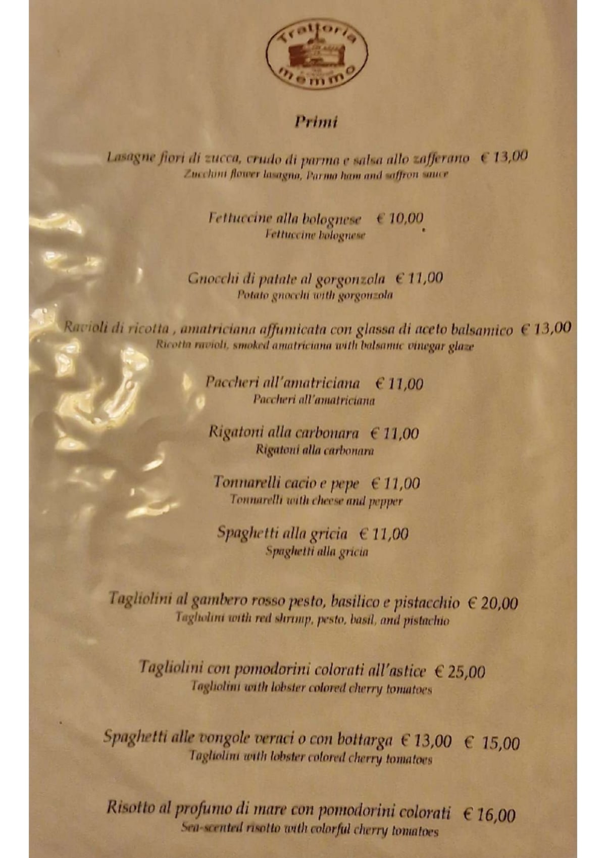 Trattoria Memmo menu