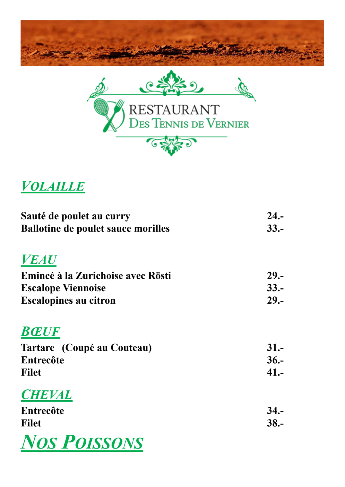 Restaurant des Tennis de Vernier menu