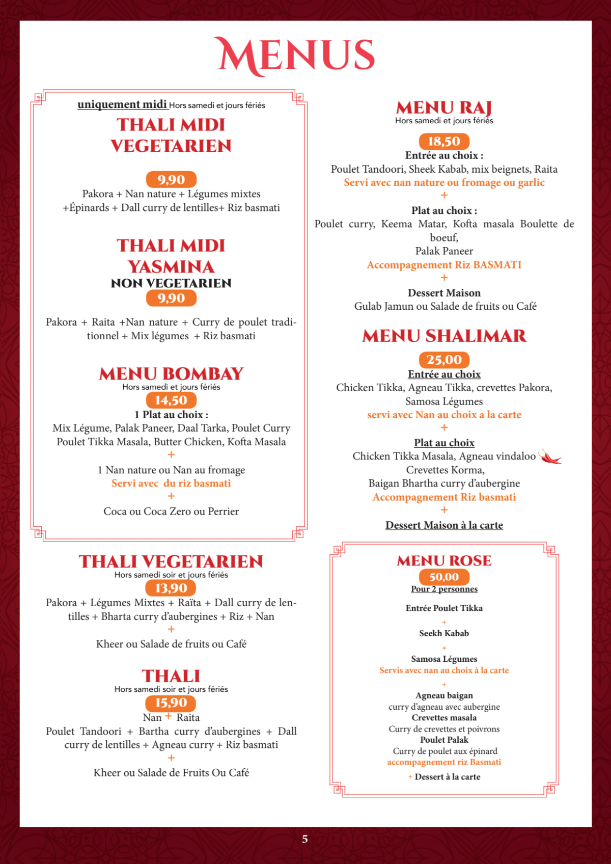 Shalimar menu