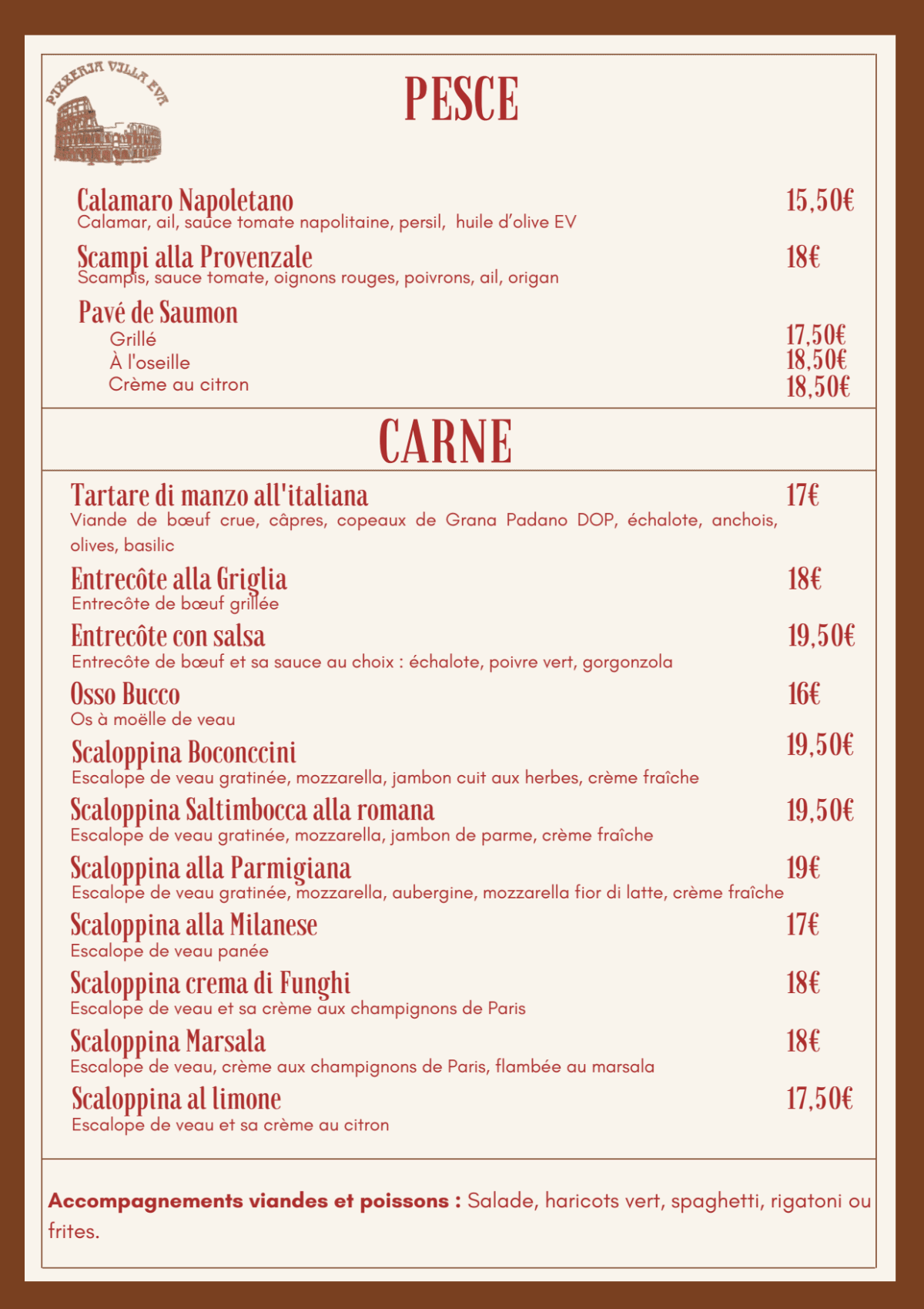 La Villa Eva menu