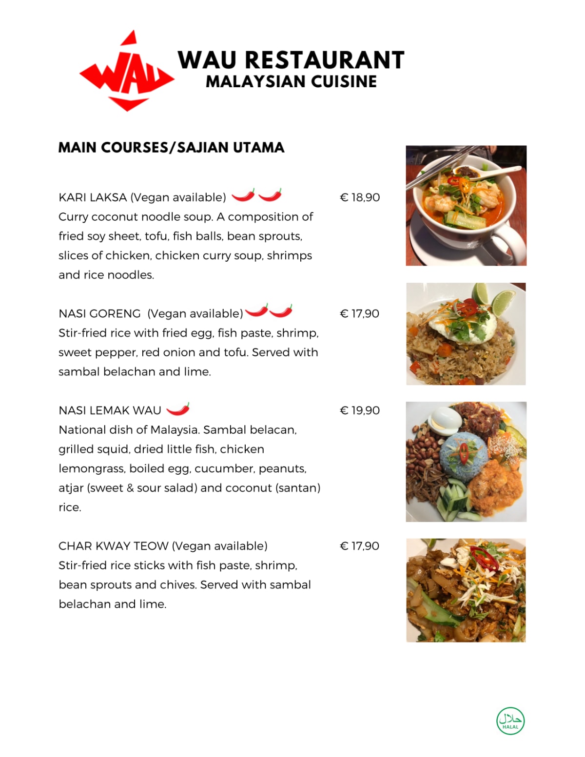 Malaysian restaurant Wau menu