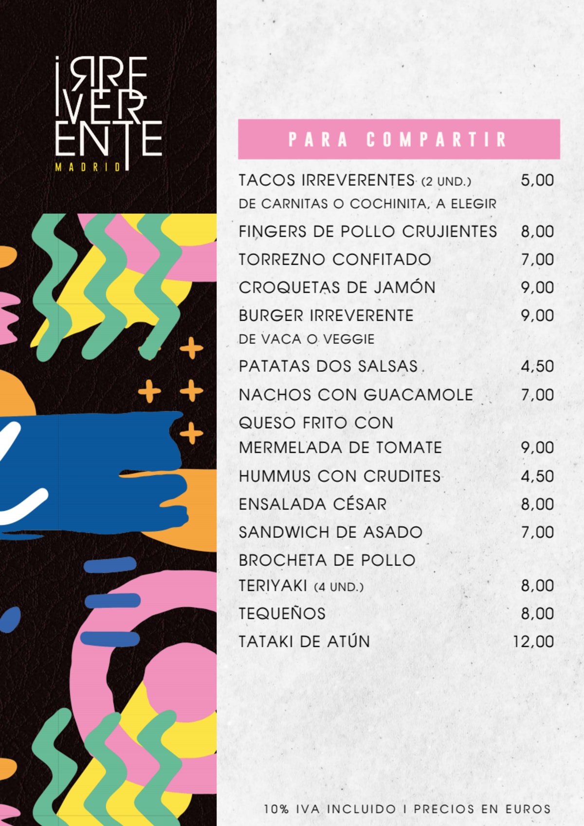 Irreverente Madrid menu