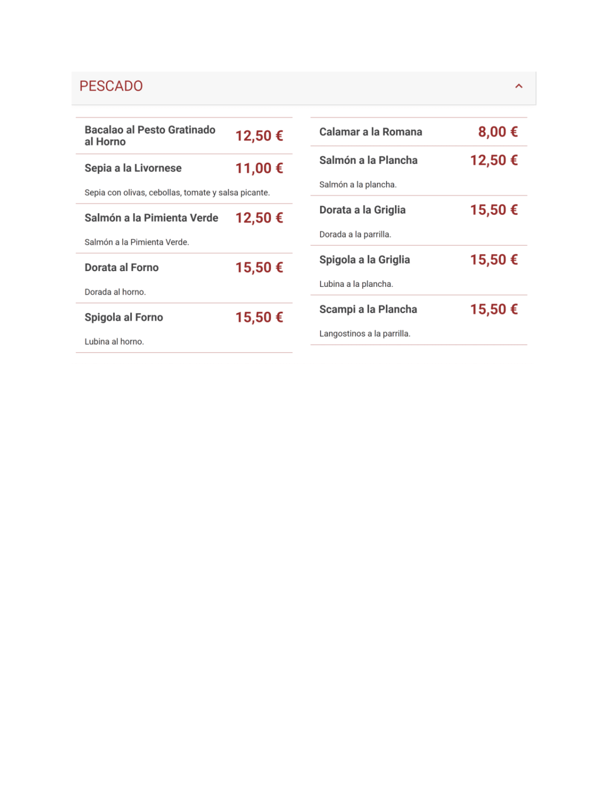 Sapor d'Italia menu