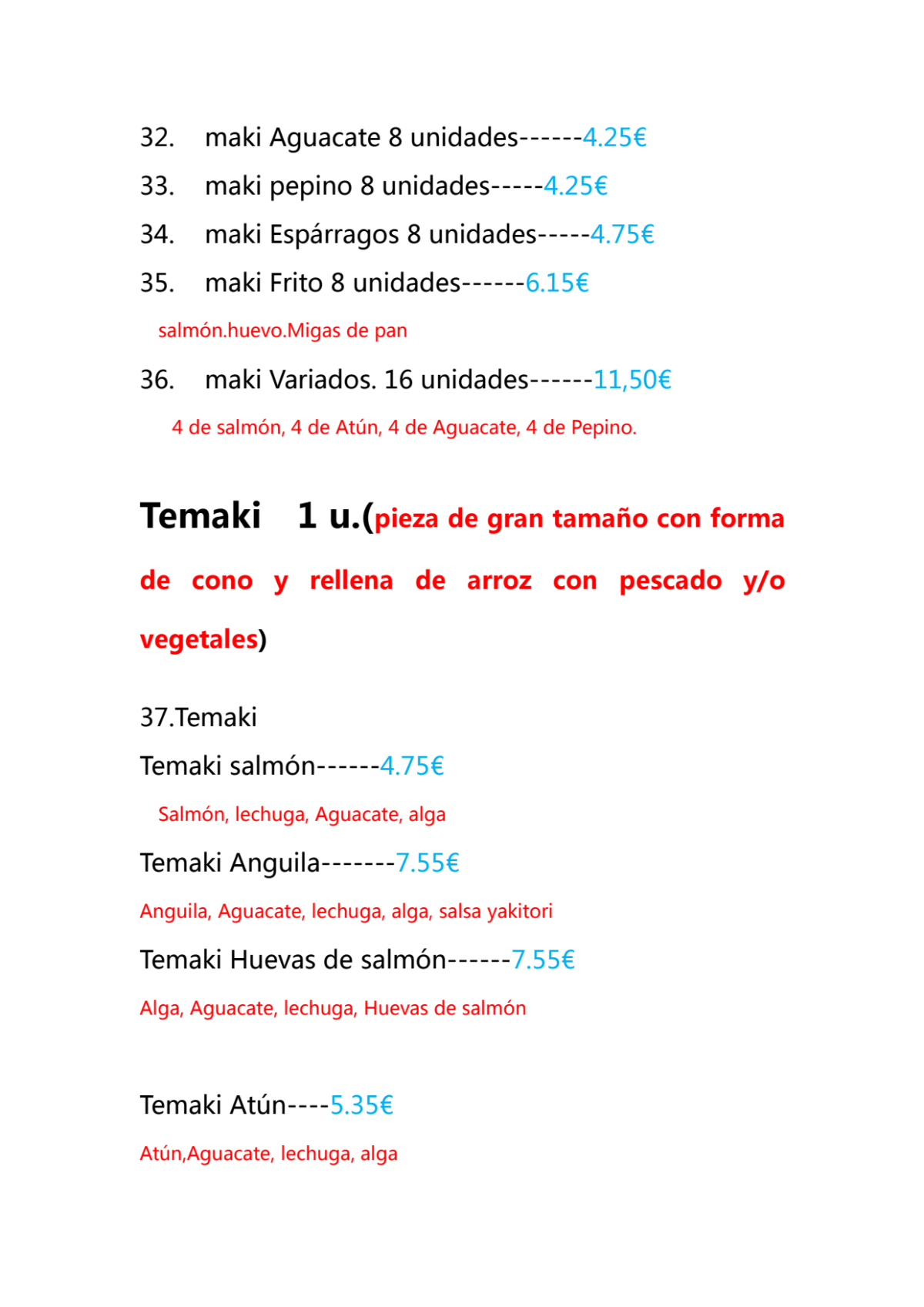 Fuji Ya Barcelona menu