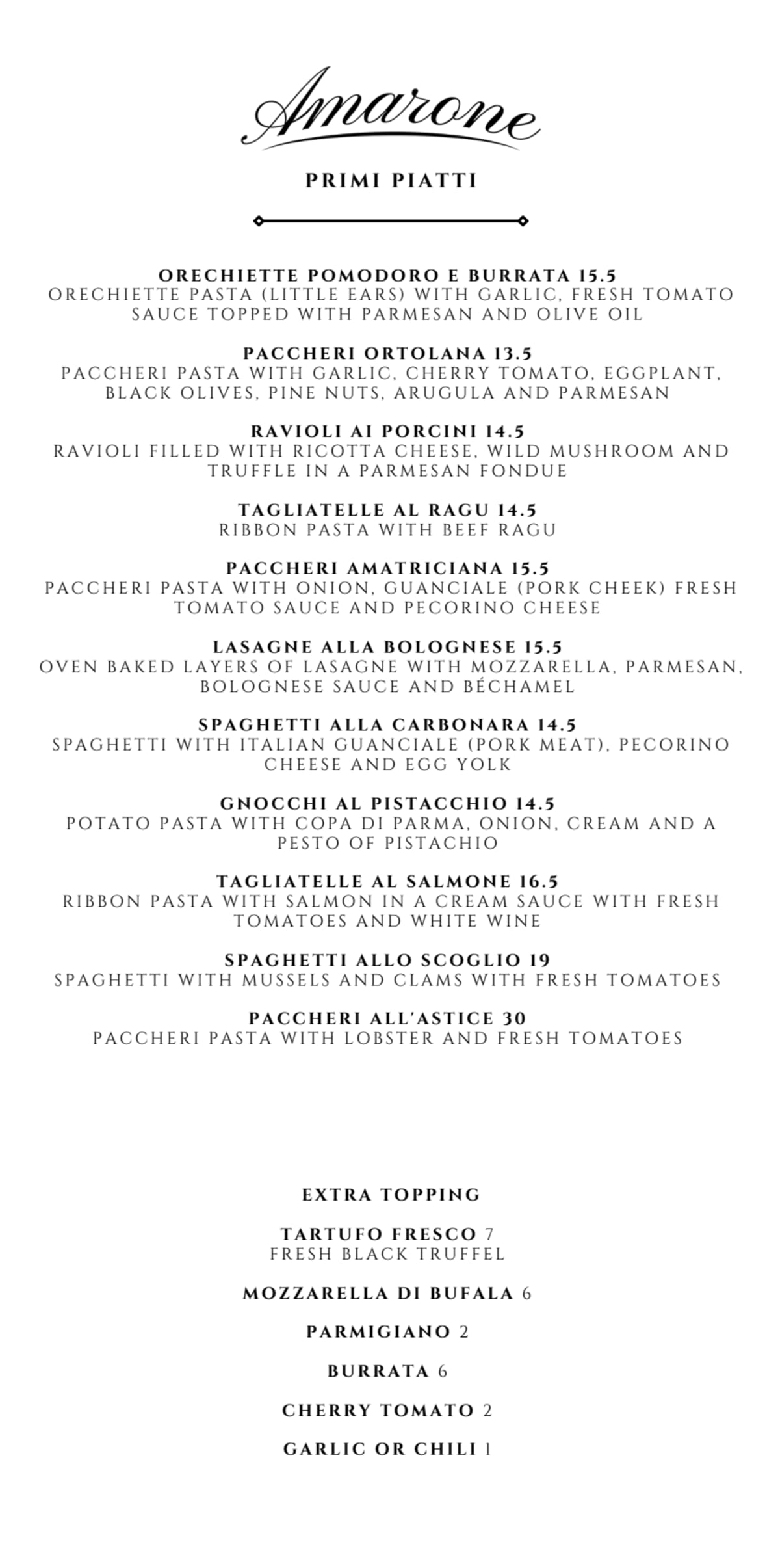 Ristorante Pizzeria Amarone menu