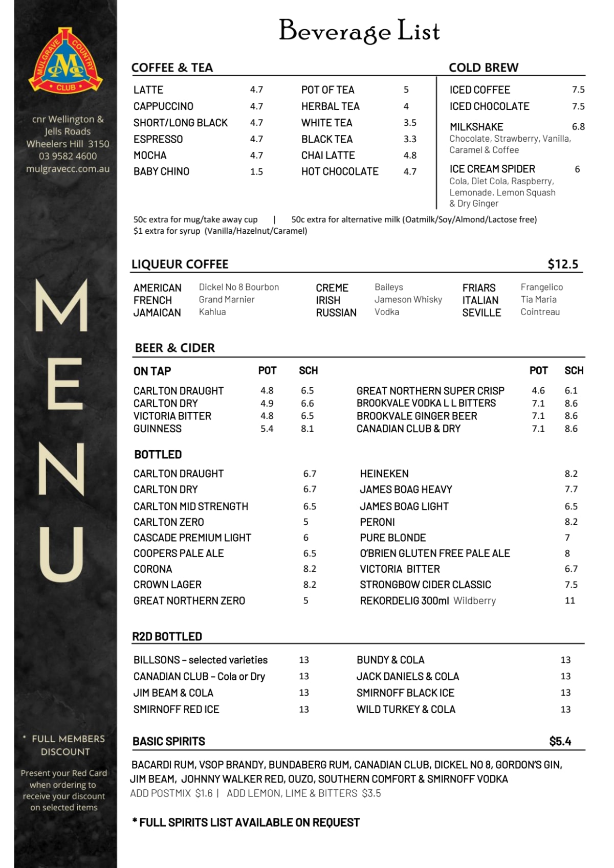 Carta y menù 2023 Actualizados Mulgrave Country Club Bistro en Wheelers Hill (VIC) TheFork