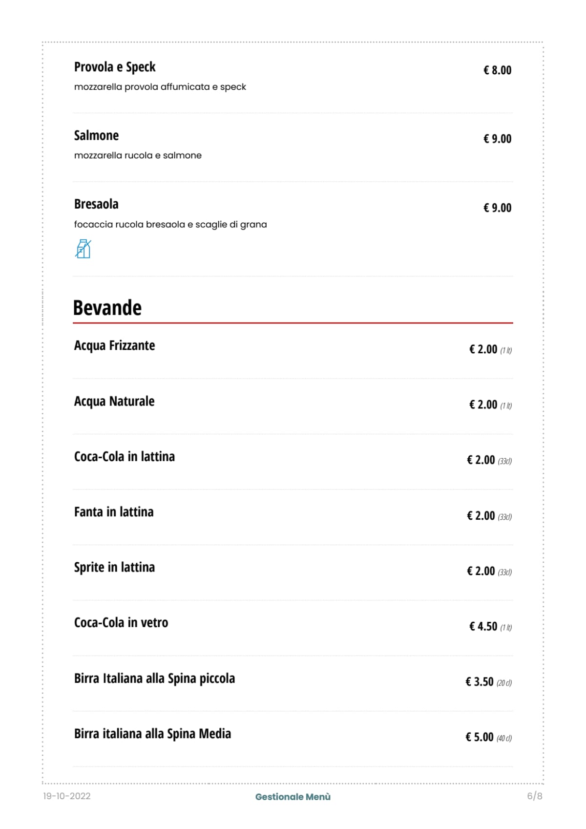 Pizzeria il Tris menu