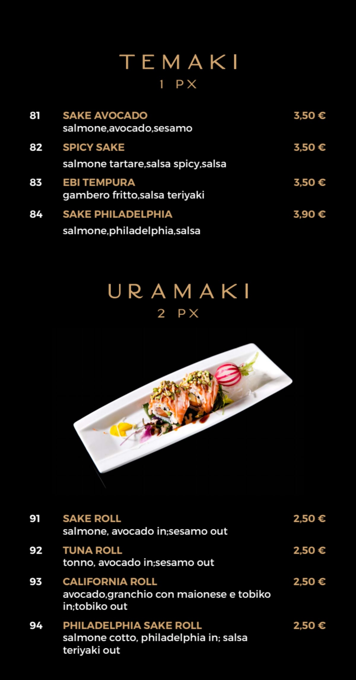 Saki Sushi menu