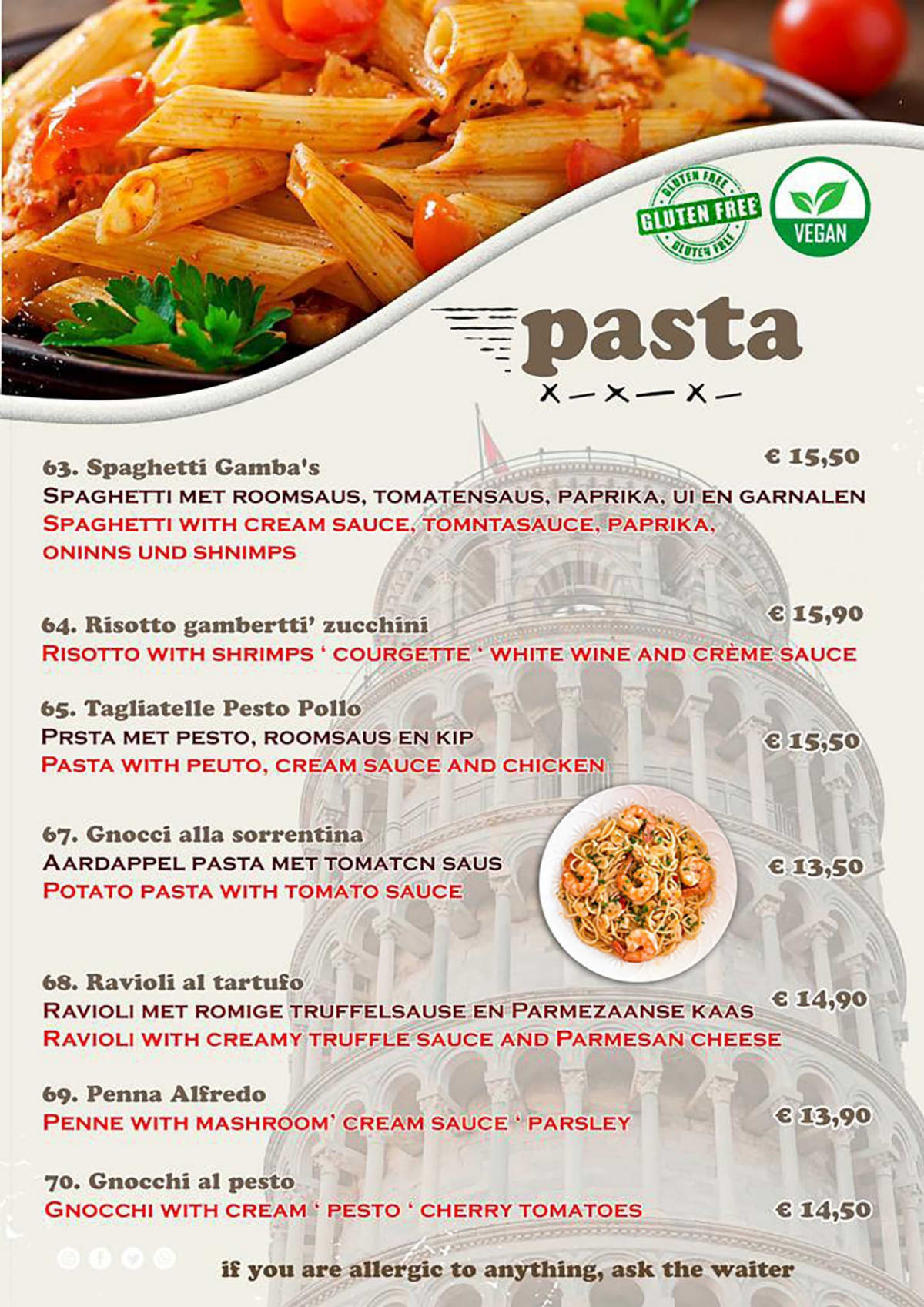 Gusto Italian menu