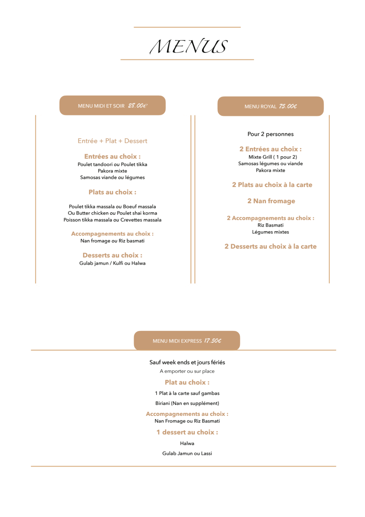 Route des Indes Vincennes menu