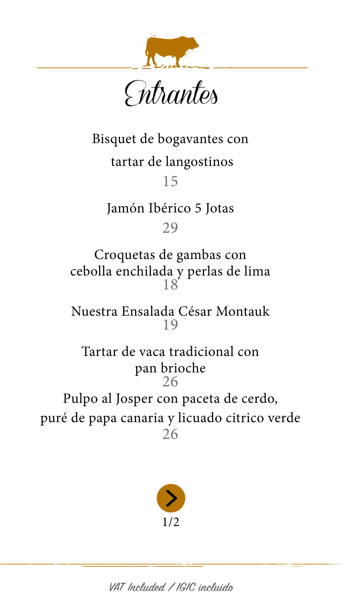 Menu 2023 Montauk Steak House Hard Rock hotel Tenerife in Armeñime