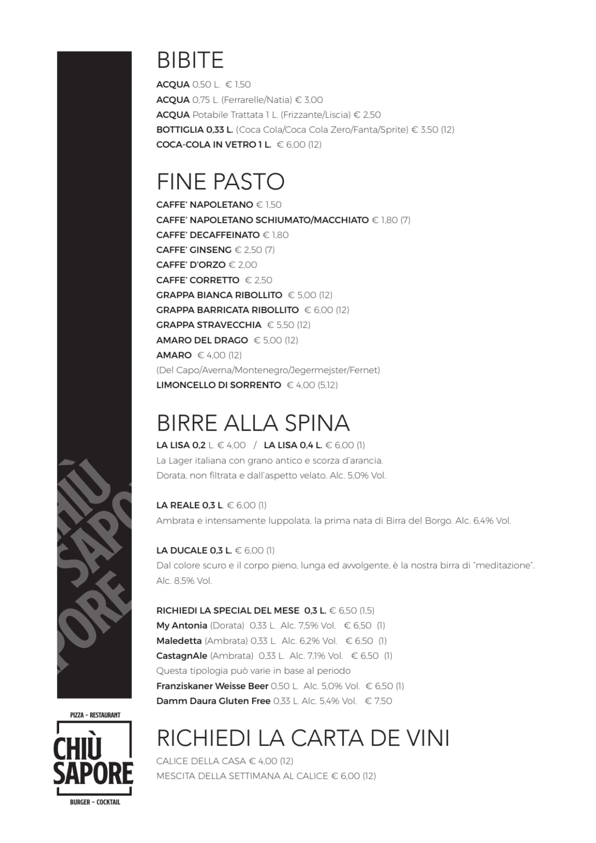 Chiù Sapore Nomentana menu