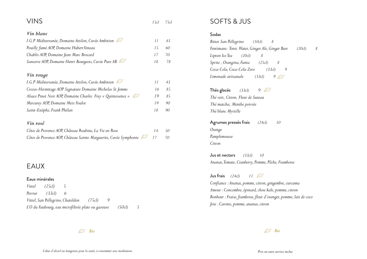 Le Bar du Faubourg menu