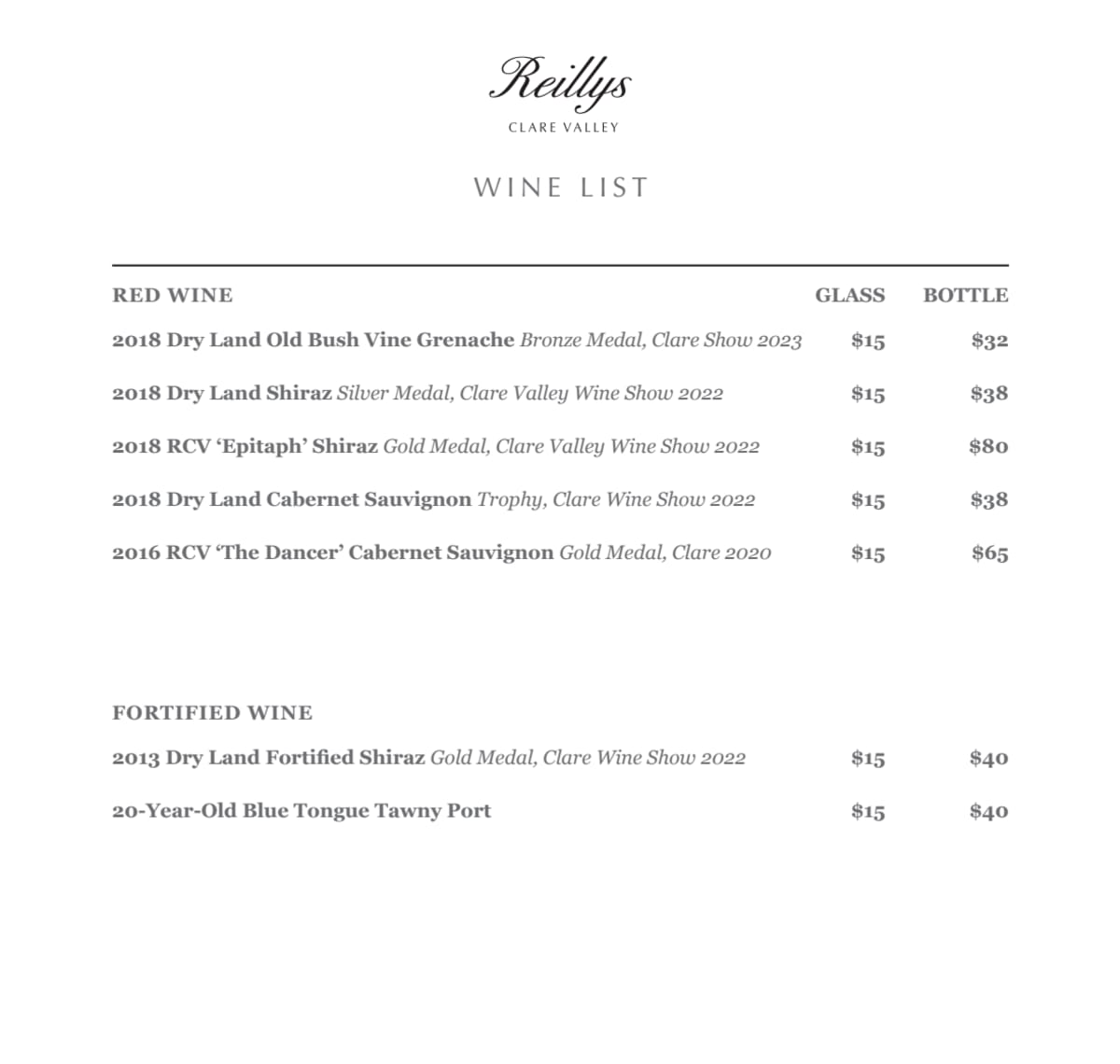 Menu 2024 Reillys Cellar Door & Restaurant in Mintaro TheFork