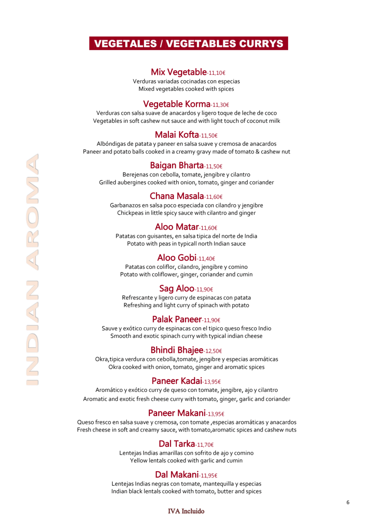 Indian Aroma menu