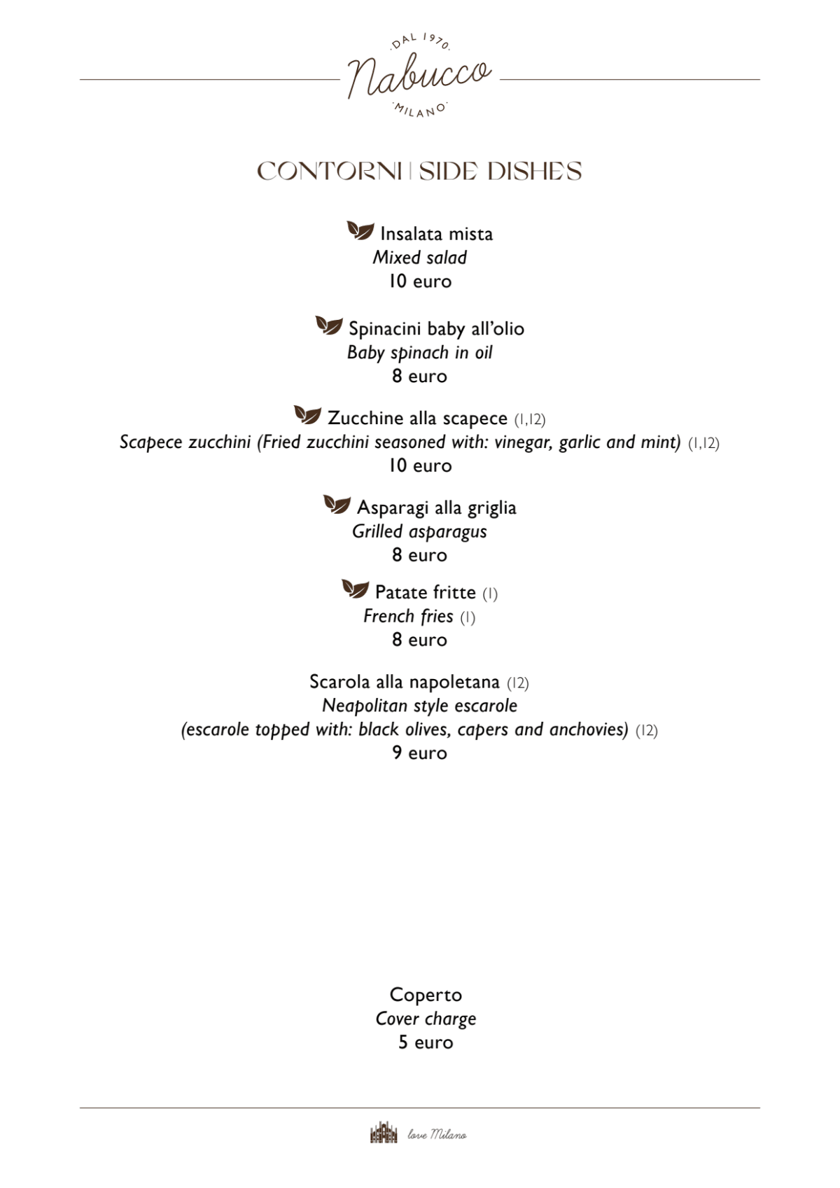 Ristorante Nabucco menu