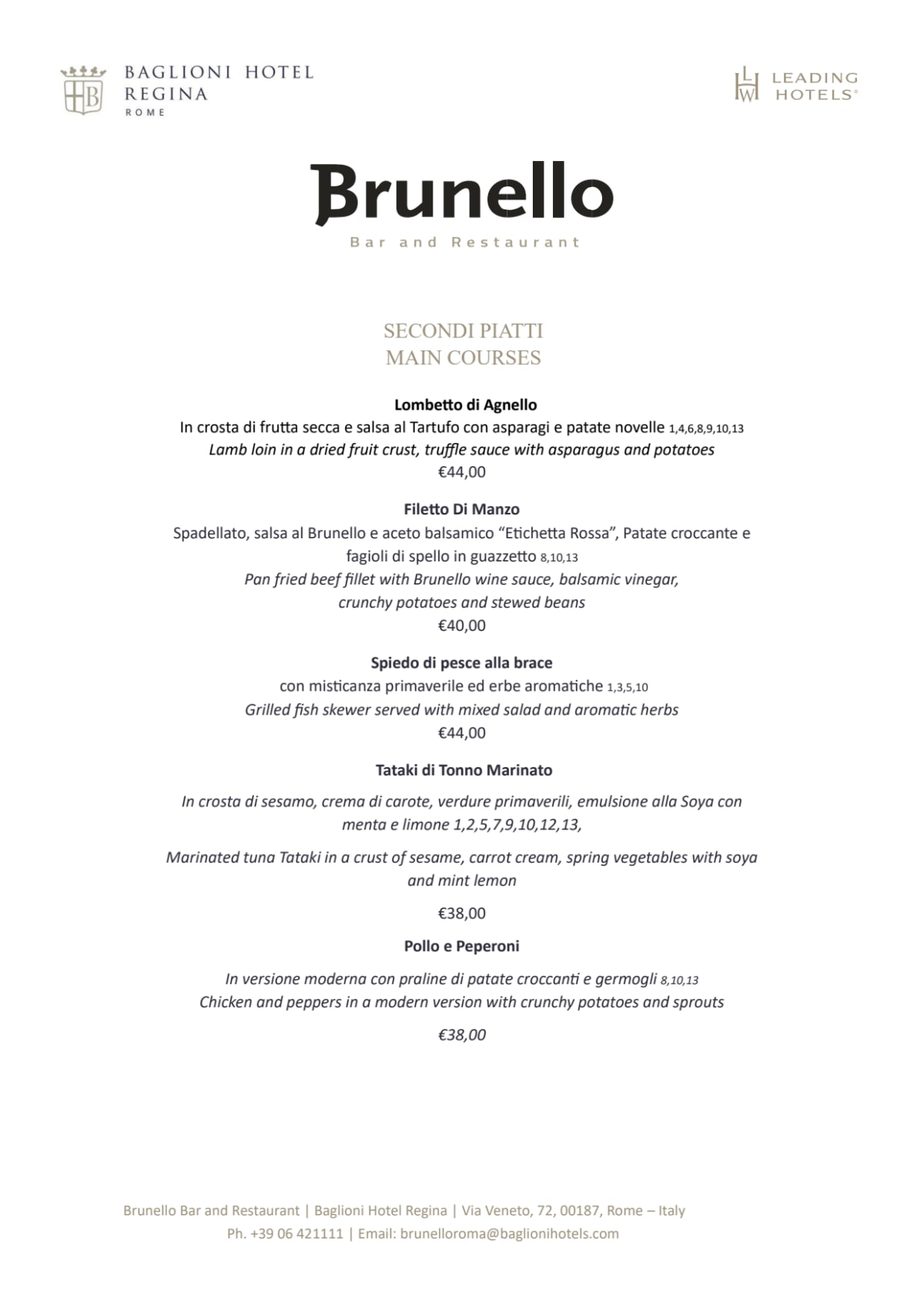 Brunello Bar & Restaurant menu