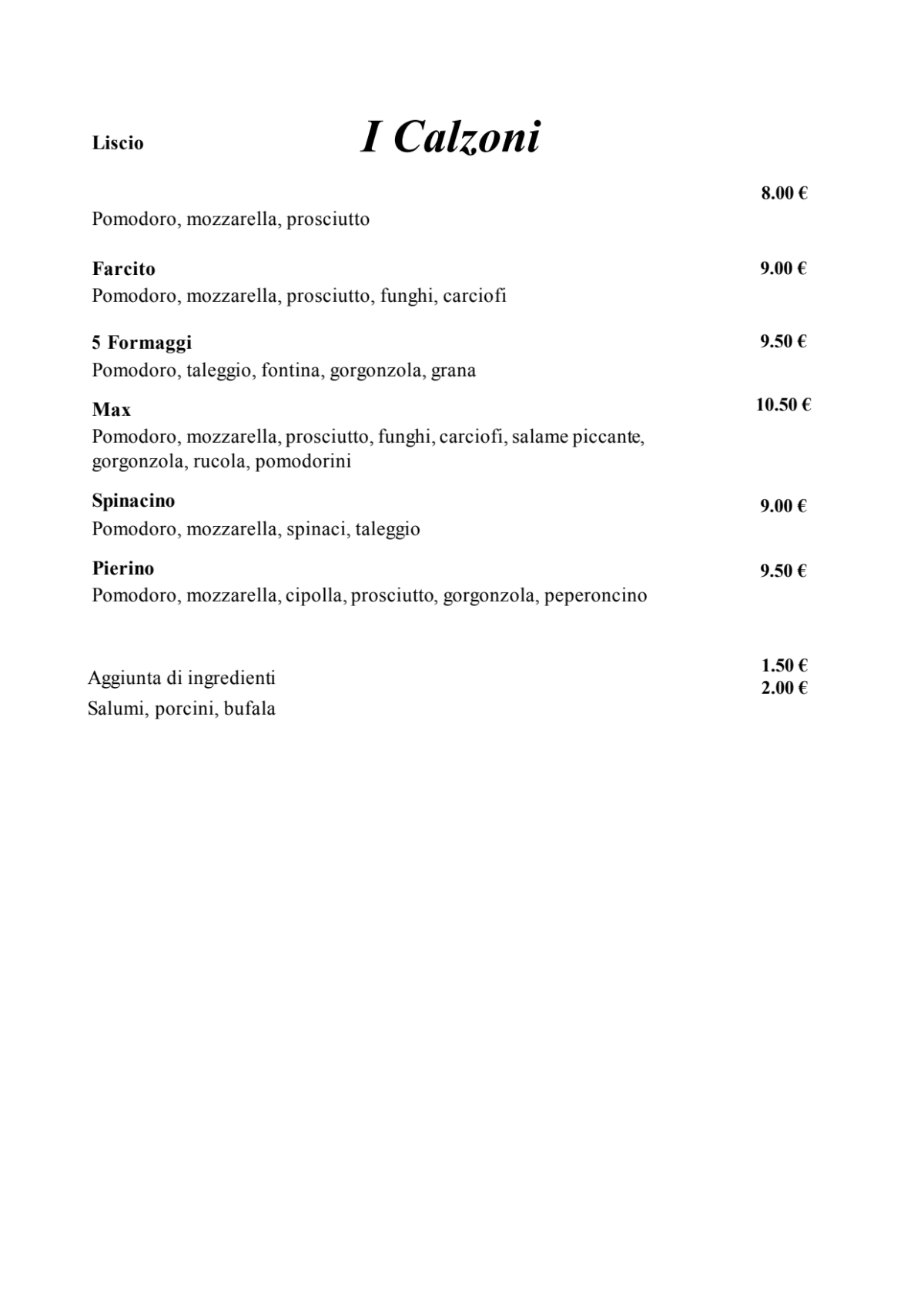 Capricci menu