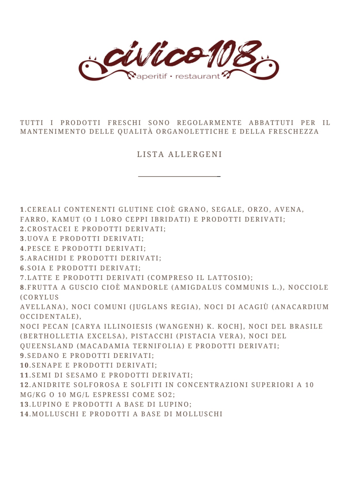 Civico 108 menu