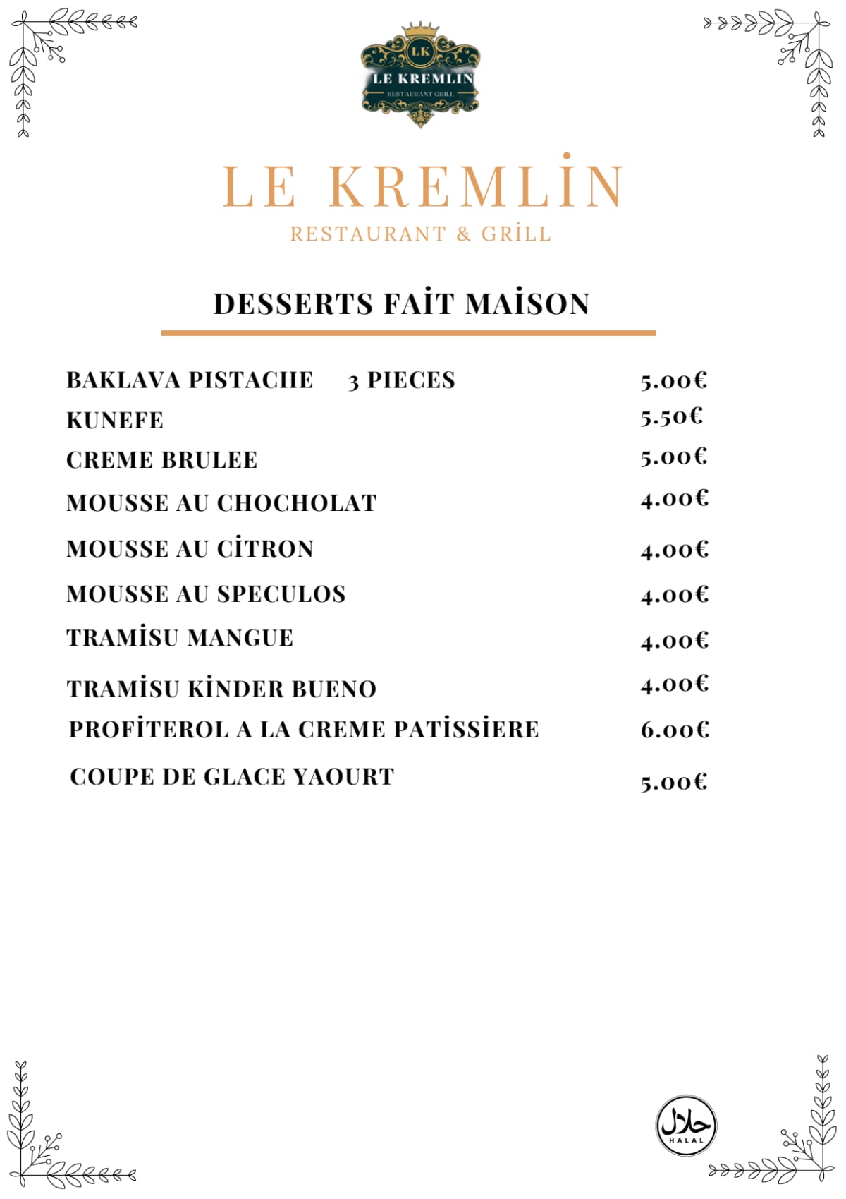 Le Kremlin Restaurant Grill menu