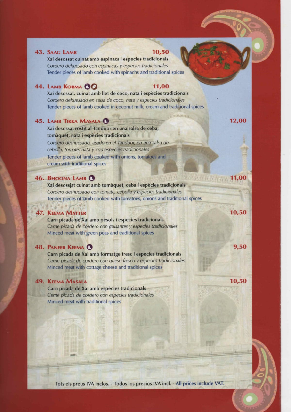 Bombay spicy menu