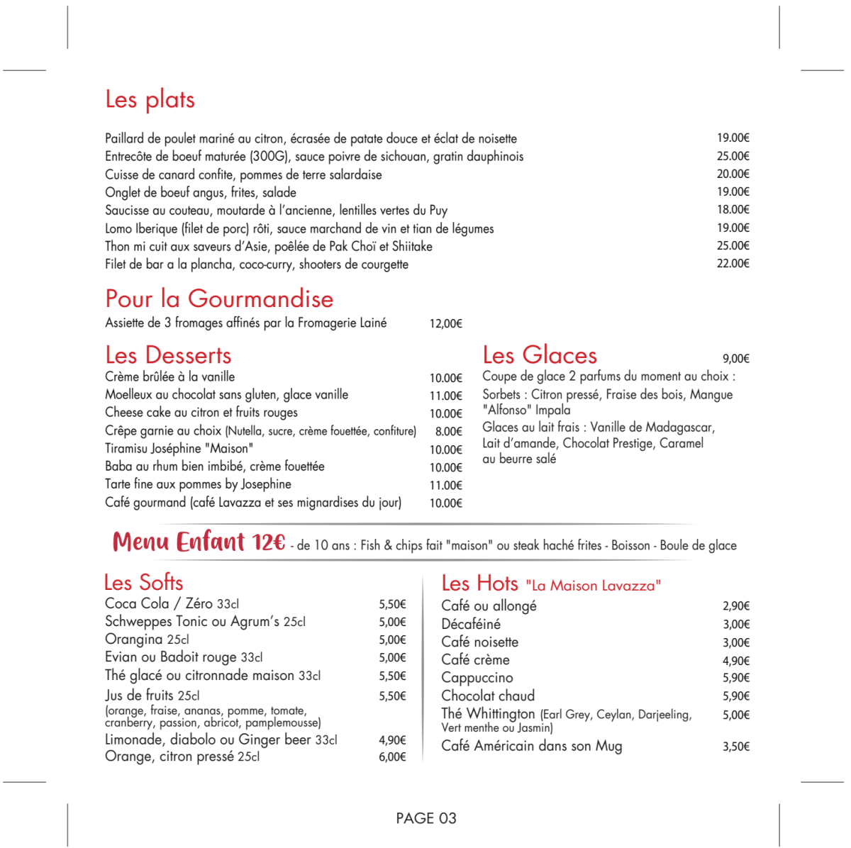 Café Joséphine menu