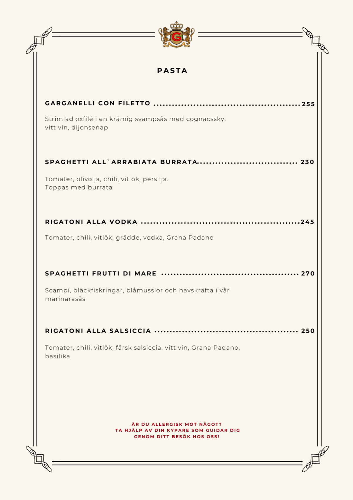 Grappa Stockholm menu