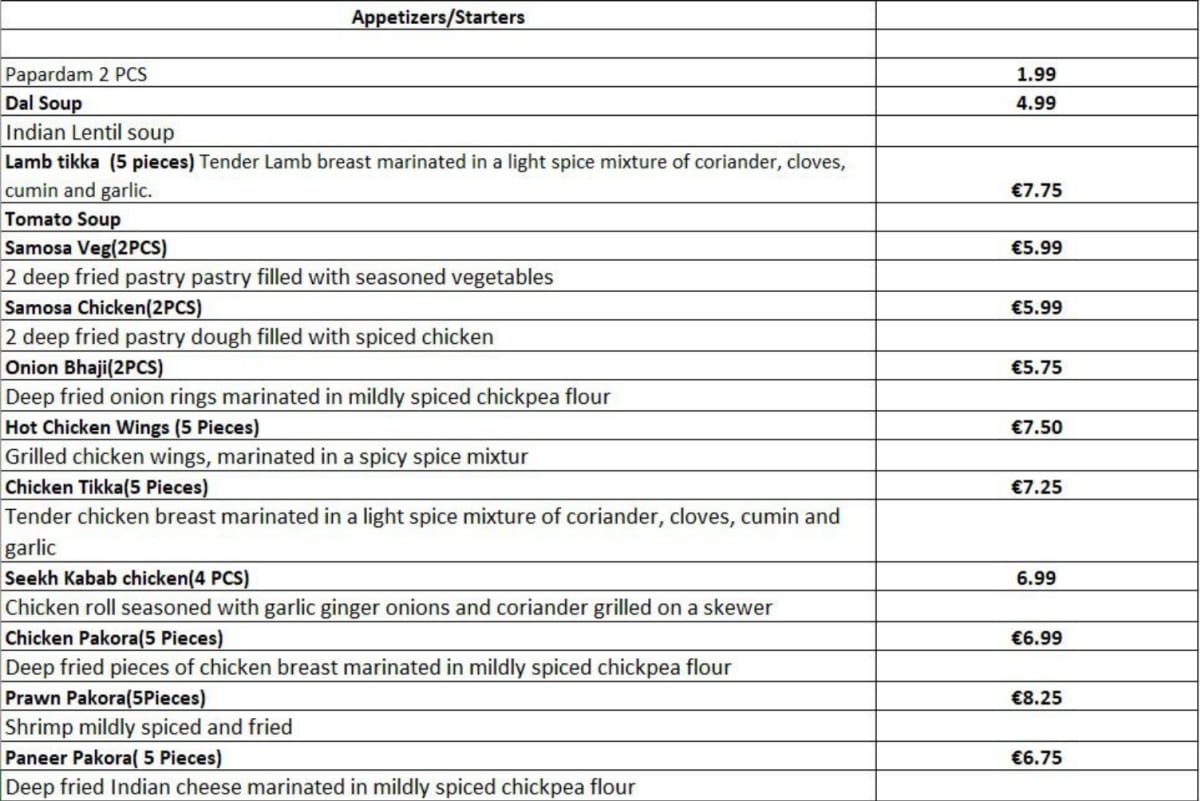 Indian Restaurant Bombay Inn menu