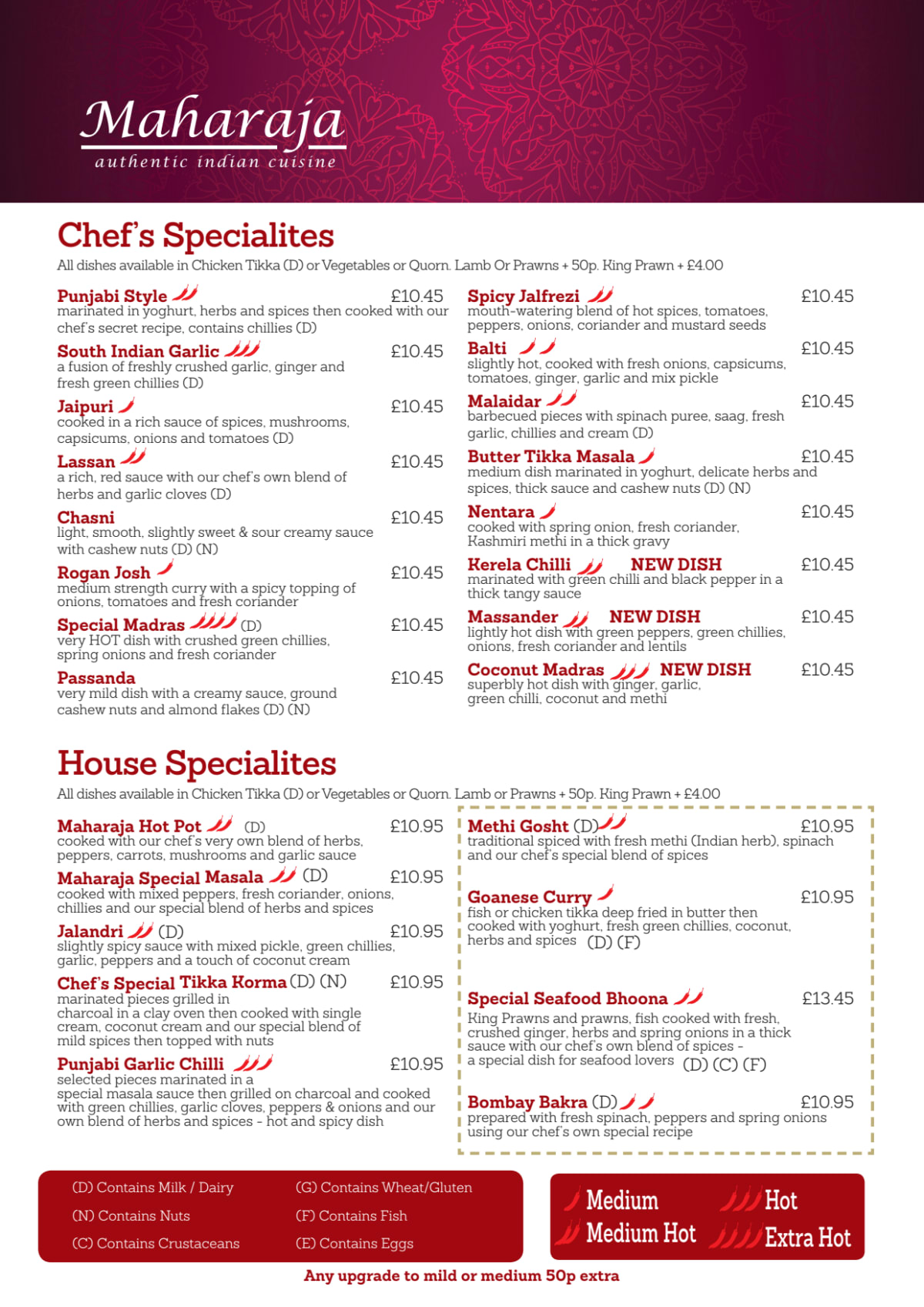 Menù completo e carta 2024 Maharaja Indian Restaurant a Stirling