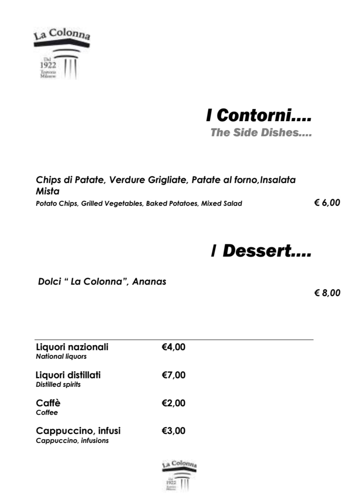 Trattoria La Colonna menu