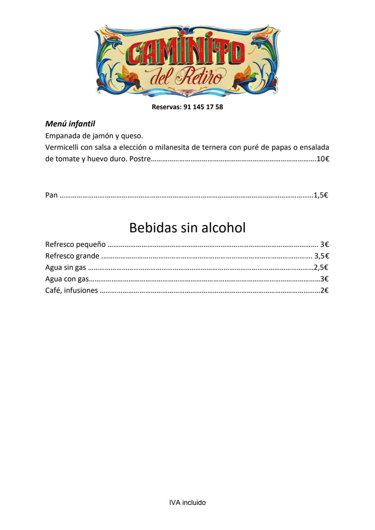 Caminito del Retiro menu