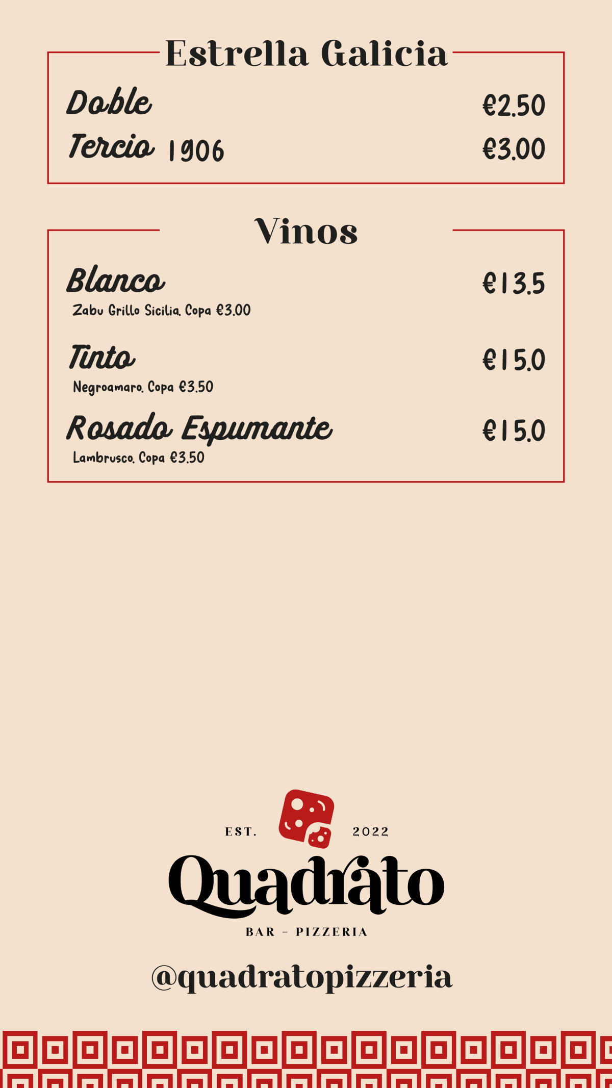 Quadrato Pizzeria menu