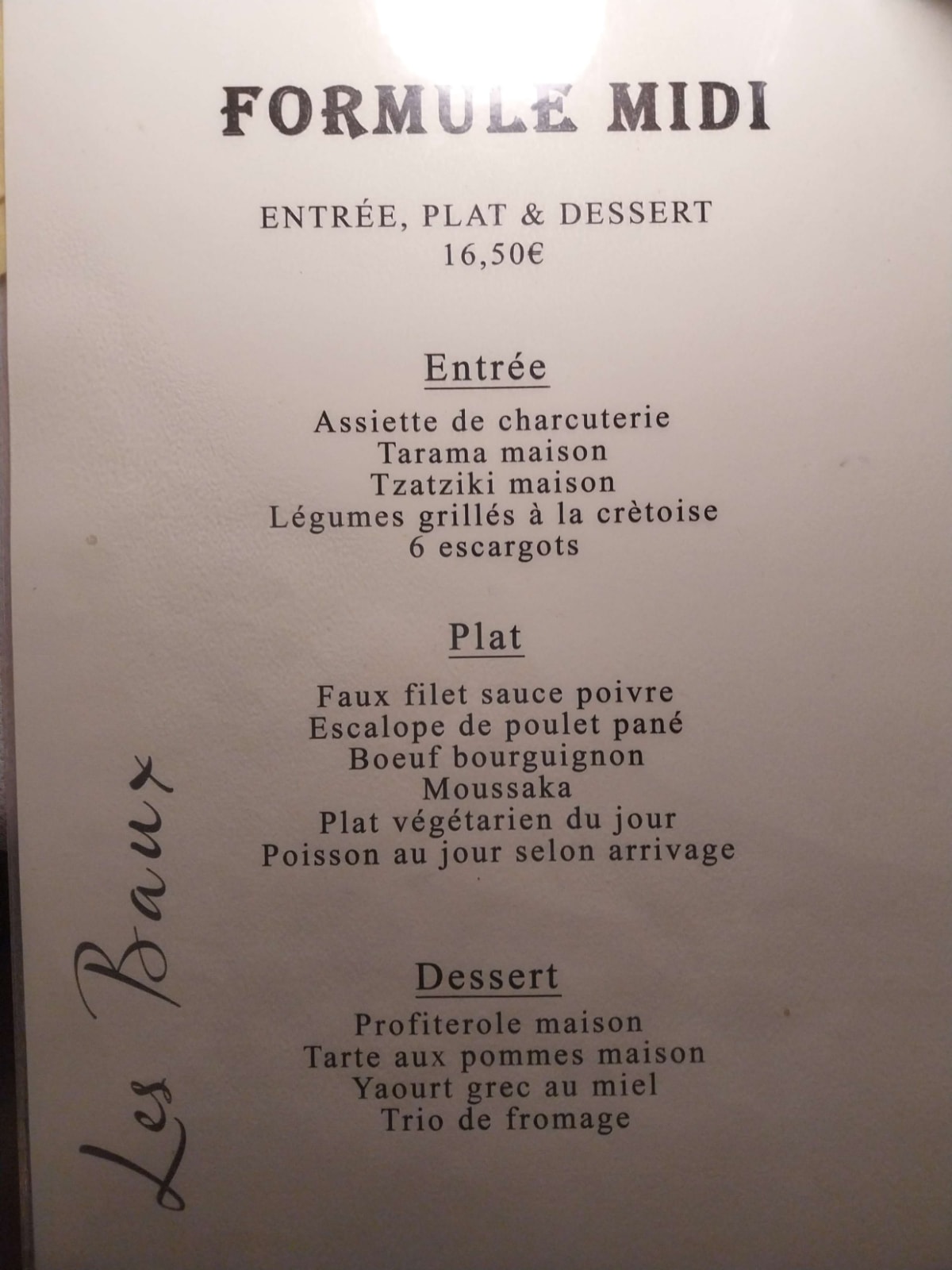 Les Baux de Paris menu